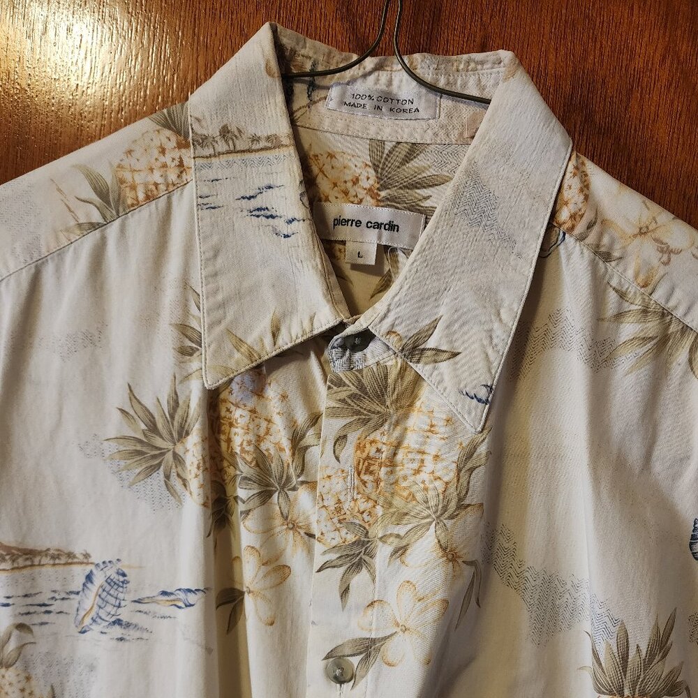 Men's Large Pierre Cardin Cream Hawaiian Short Sleeve Button Down Shirt